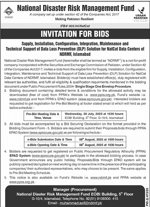 National Disaster Risk Management Fund Islamabad Tender Notice